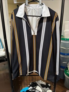 Black Zip-Front Long Sleeve Top with White Collar & Yellow Stripe Detail